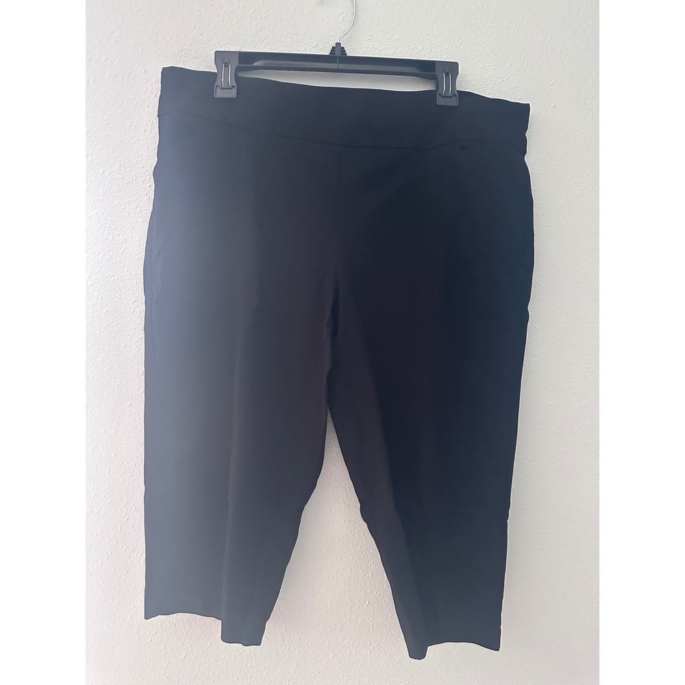 Womens Black Pull On Capri Pants Stretchy Cropped Trousers with Pockets